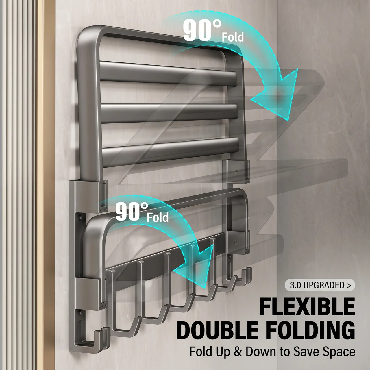 No-Drill Wall-Mounted Bathroom Shelf with Towel Bar, Space Aluminum Storage Rack for Towels and Toiletries