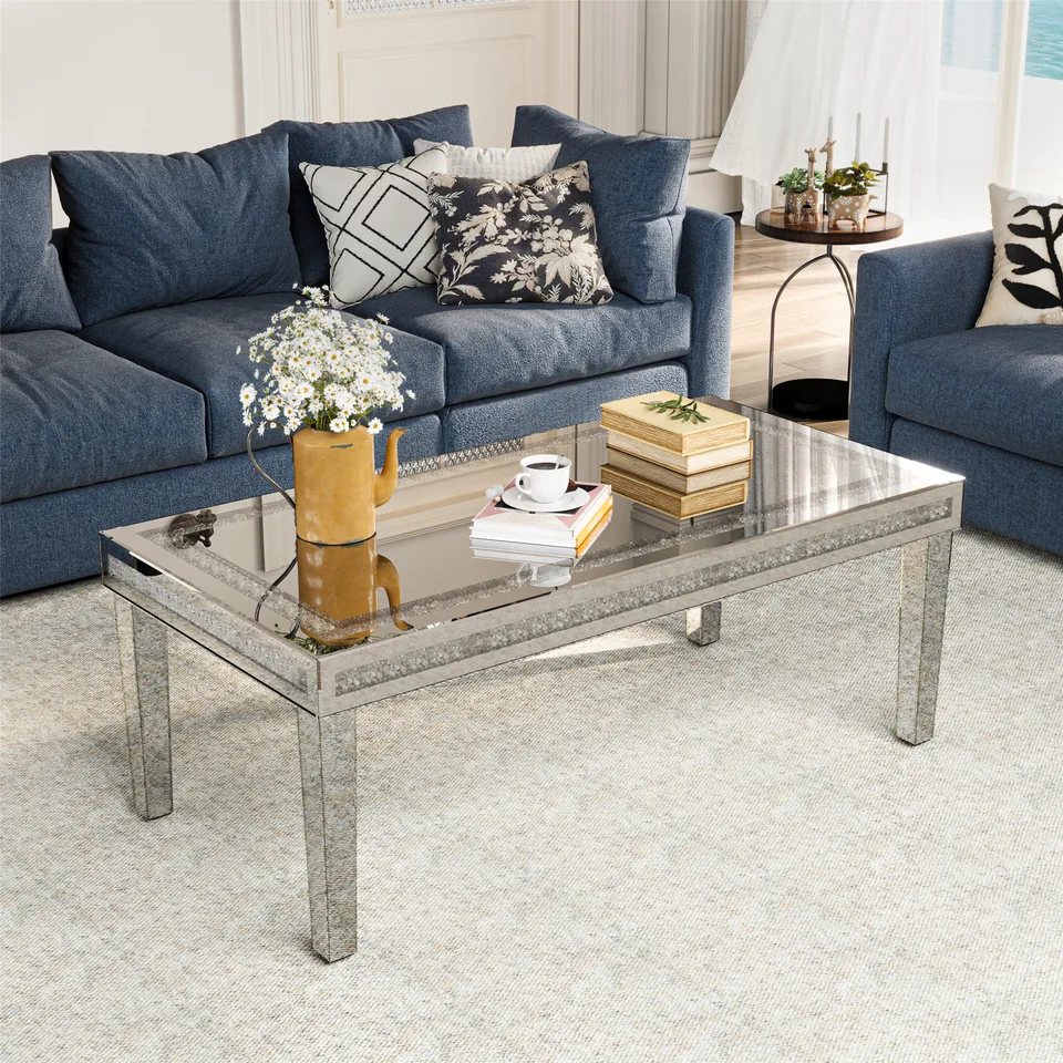 Silver Mirrored Coffee Table with Crystal Inlay