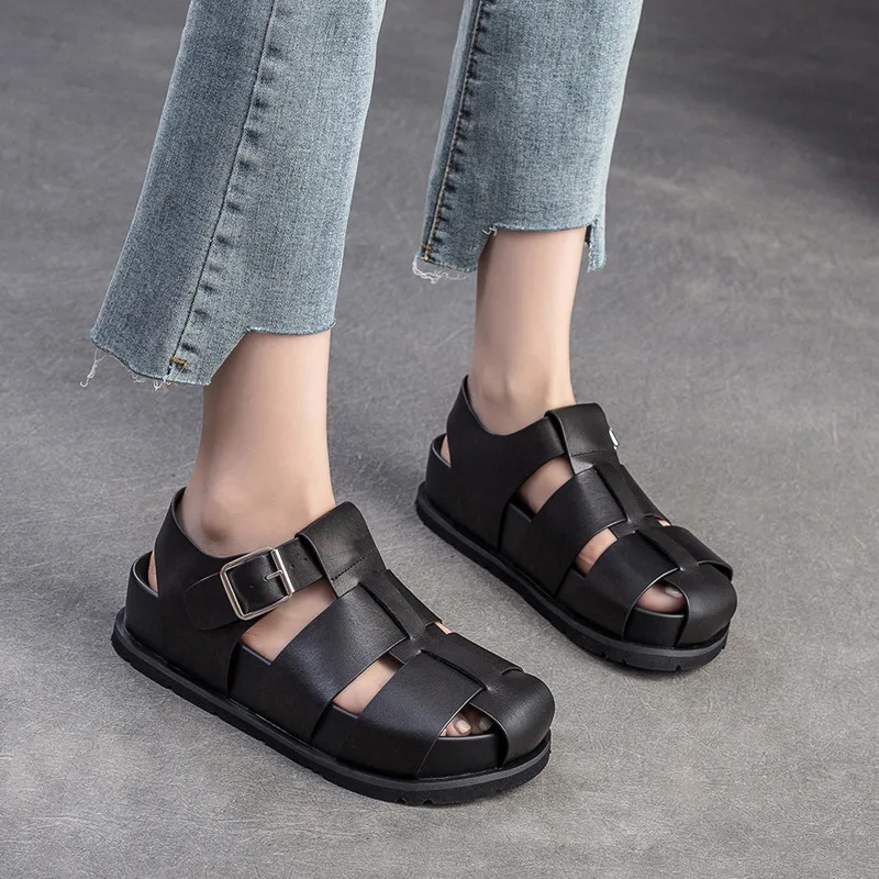 Koznoy 4.5cm Weave Cow Genuine Leather Sandals Mary Jane Platform Wedge Summer Women Fashion Ankle Booties Round Buckle Shoes