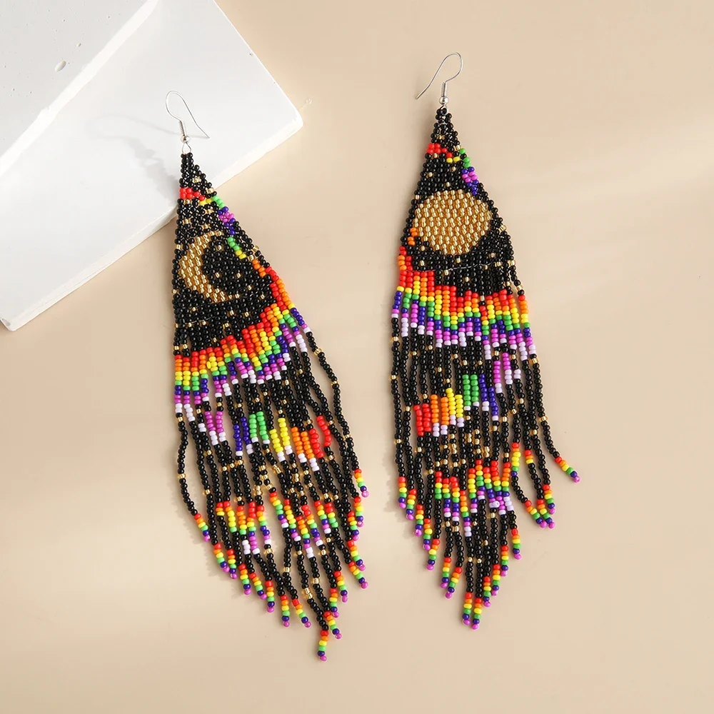 

ZGMXR Rice bead earrings Moon Tassel Dissymmetry Rainbow Originality Design Hand knitting Bohemia Fashion Alloy Beaded earrings