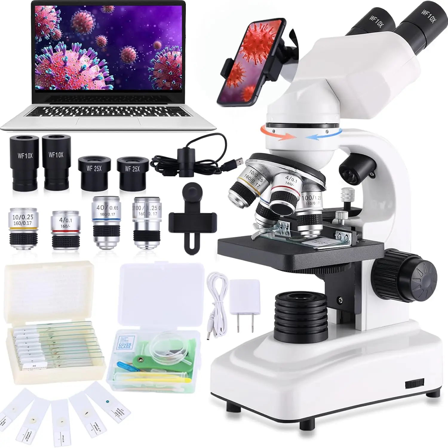 Microscope，40X-2500X Research Class Professional Microscope，WF10x and WF25x eyepieces, Dual LED Lighting and Two-Layer Mechanica