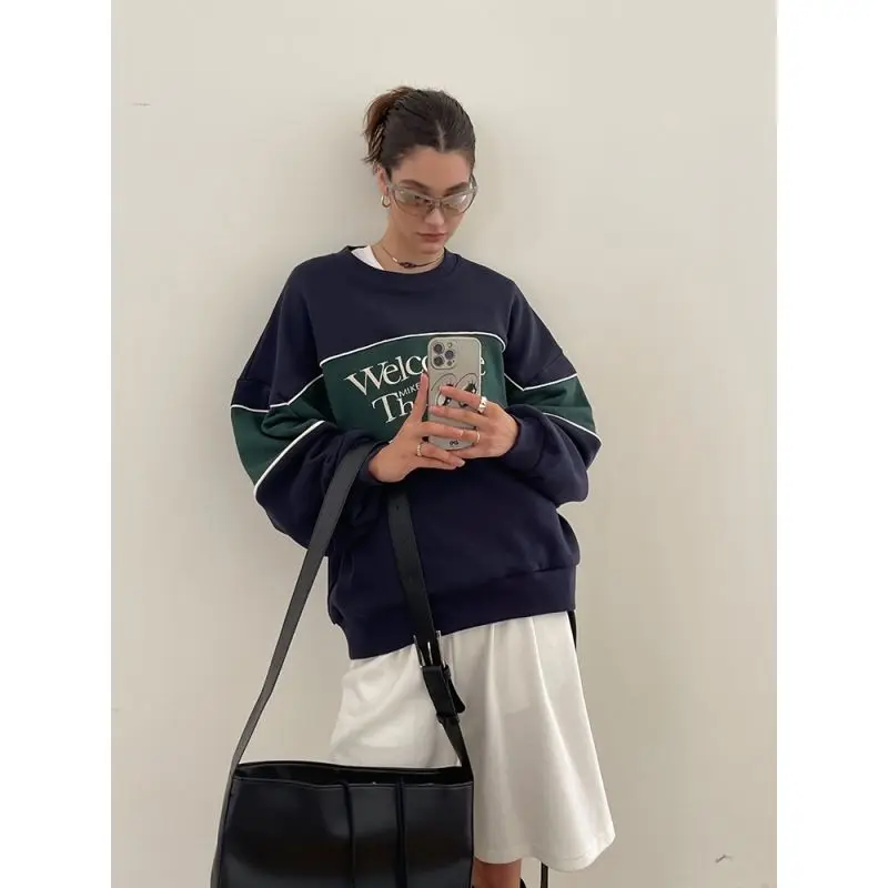 Deeptown Vintage Sweatshirts Women American 90s Retro Preppy Style Pullovers Oversized Aesthetic Casual Female Korean Streetwear