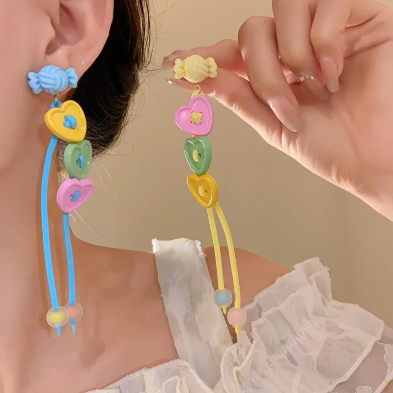 الدوبامين تصميم الطازجة الحلو استرخى أقراط للنساء لون الحلوى القلب جولة شرابة انخفاض القرط العصرية سحر مجوهرات حزب B