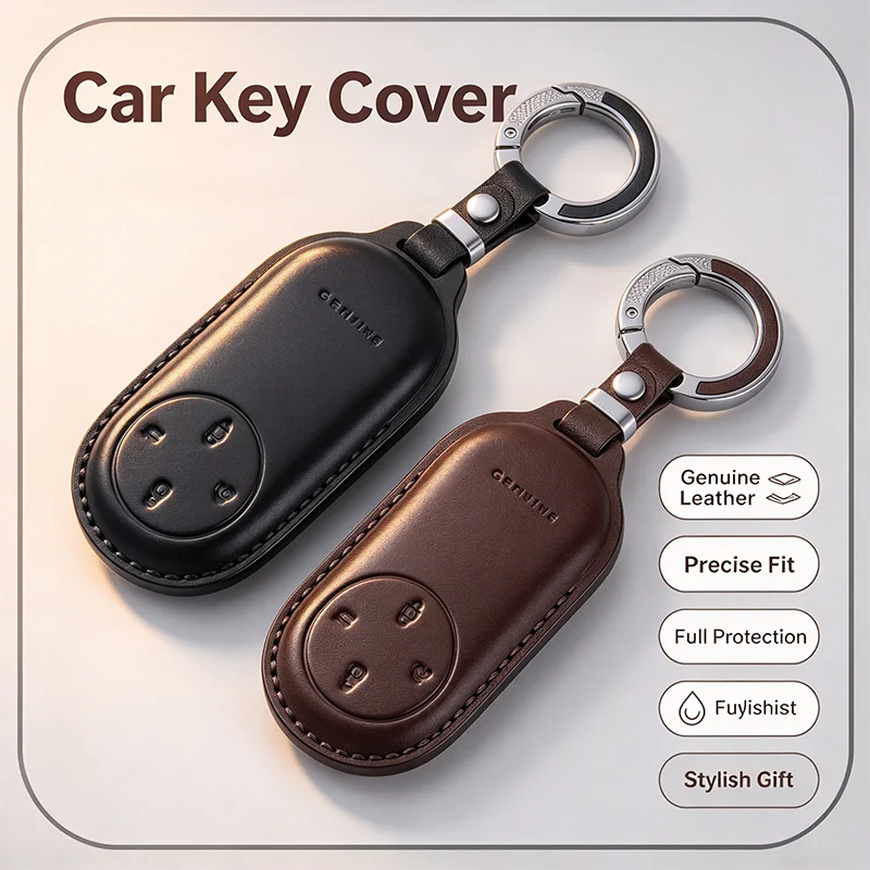 For MAEXTRO S800 V800 Premium Top Layer Cowhide Car Key Cover Case Key Fob Buckle Lanyard Rope