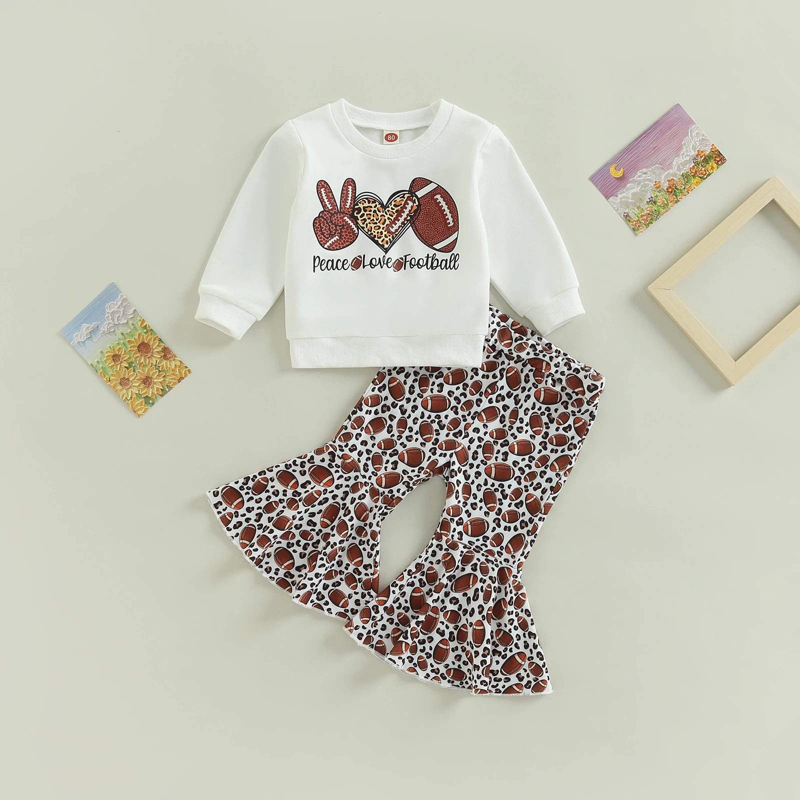 

Toddler Kids Girls 2 Pieces Outfits Letter Heart Rugby Print Round Neck Long Sleeve Tops + Flare Long Pants Set