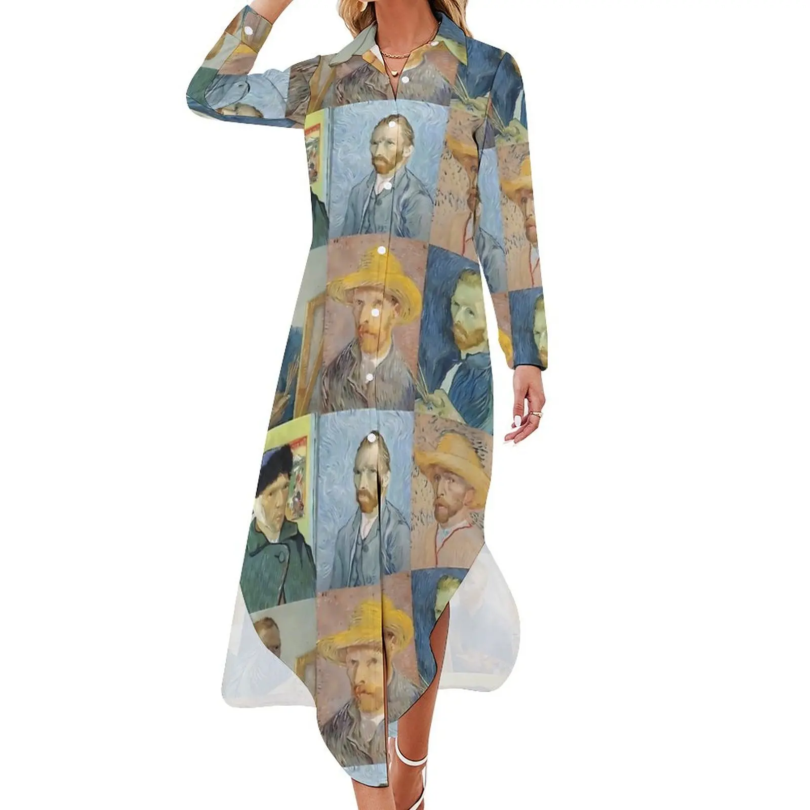 

Vincent Van Gogh Chiffon Dress Beach Dresses Female Long Sleeve Street Style V Neck Graphic Big Size Casual Dress