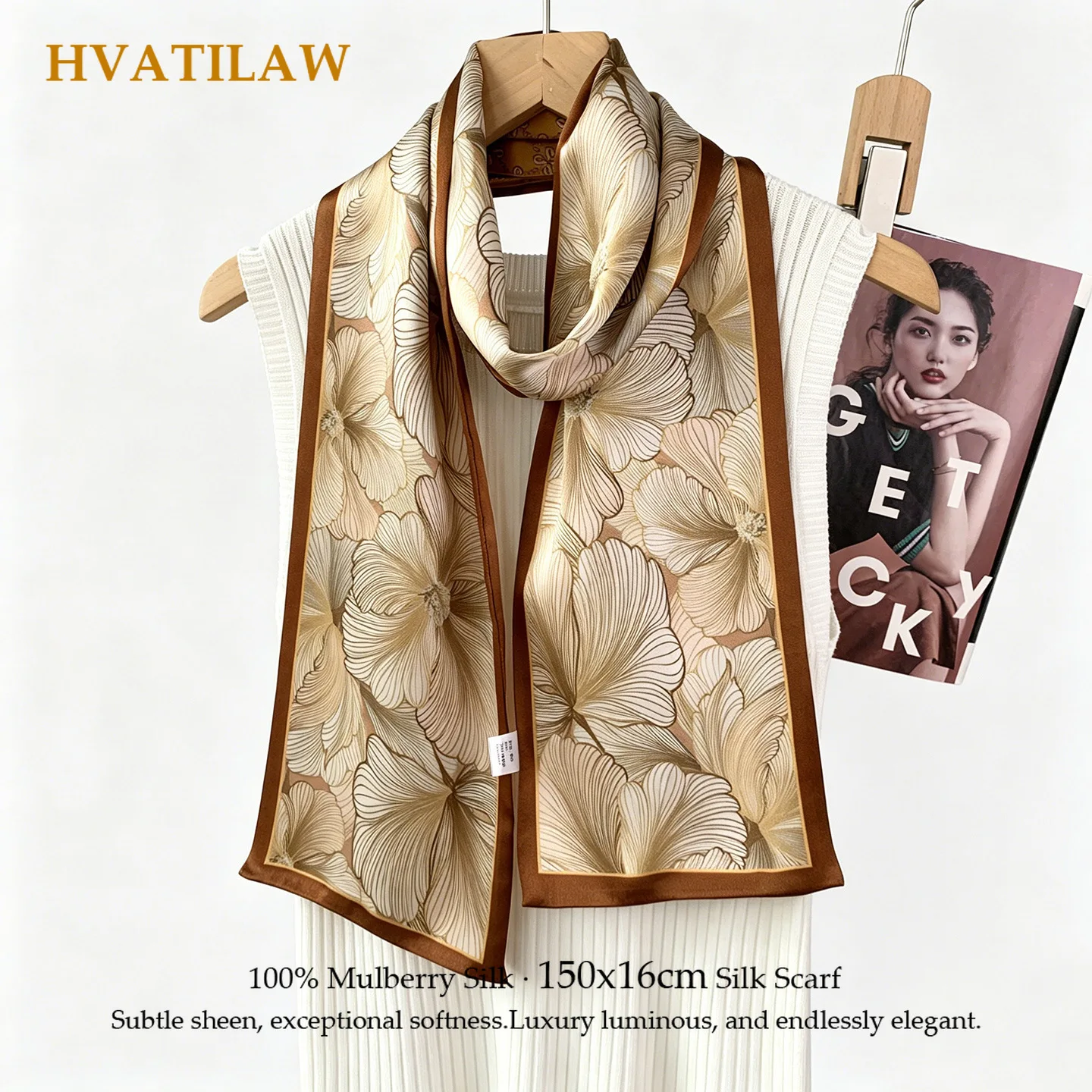 

High-End 100% Pure Silk Handle Wrap Modern Minimalist Long Narrow 150x16cm Travel Beach Vacation for All Seasons Fashion Hijab