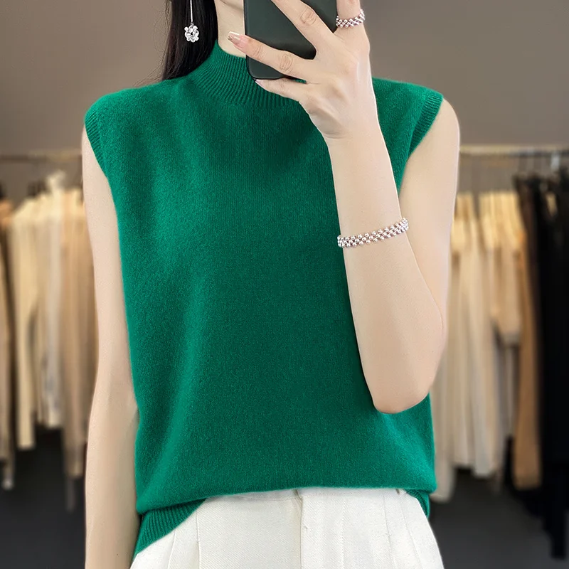 New Spring And Autumn High-end Half turtleneck Sleeveless Women\'s Knitted Woolen Sweater Sleeveless Top Vest WQ811