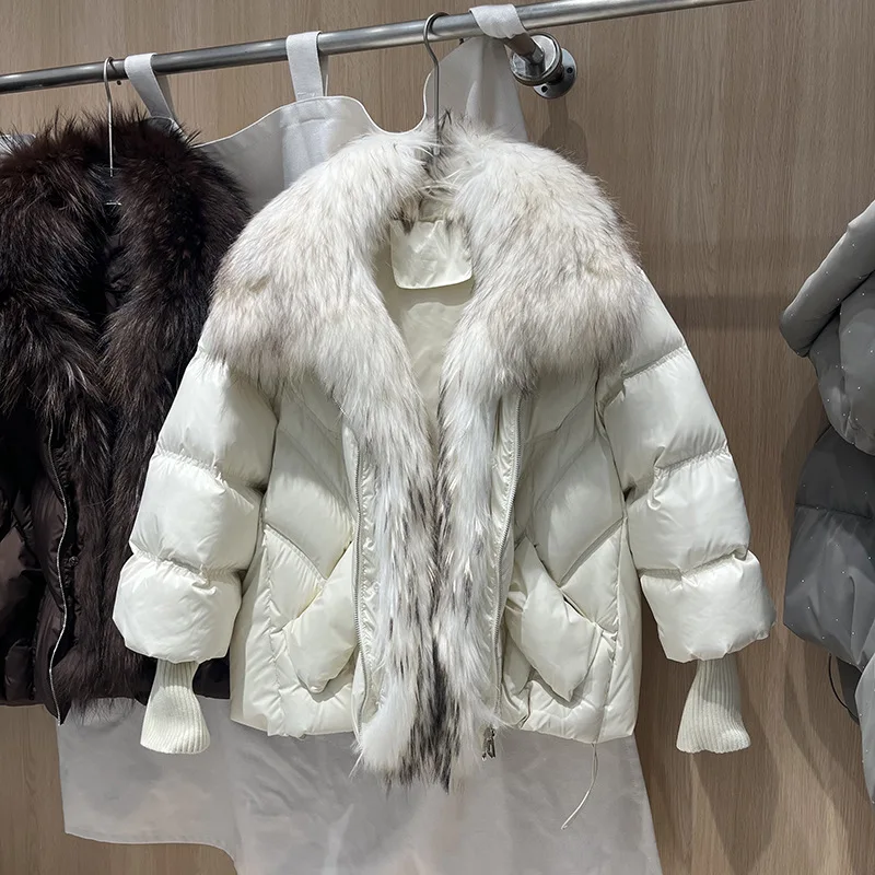 شتاء جديد فاخر الراكون الفراء طوق قصيرة أسفل سترة المرأة فضفاضة سميكة الدافئة فو الفراء معطف #3