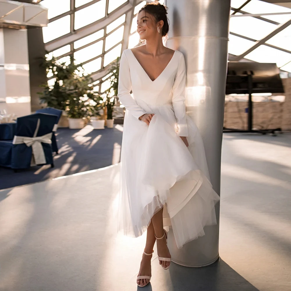 Wedding Dresses White Elegant Long Sleeves V-Neck A-Line Gowns Fashion Draped Ankle Length Bridal Dresses Vestido De Noiva