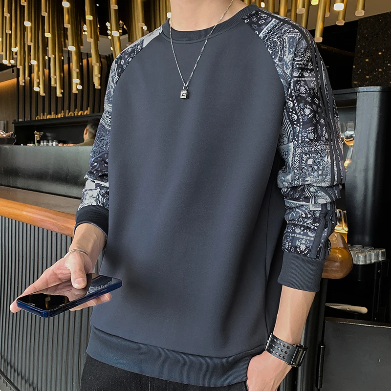 Men Sweatshirt Crew Neck Hoodie Temperament Patchwork Streetwear Loose Round Neck T-shirt Men Pullover for Hoodies