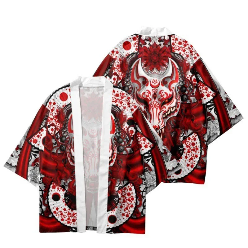 Vintage Japanese Fox Mask Haori Kimono Cardigan for Men Red White Floral Print Half Sleeve Coat Daily Street Harajuku Style Tops