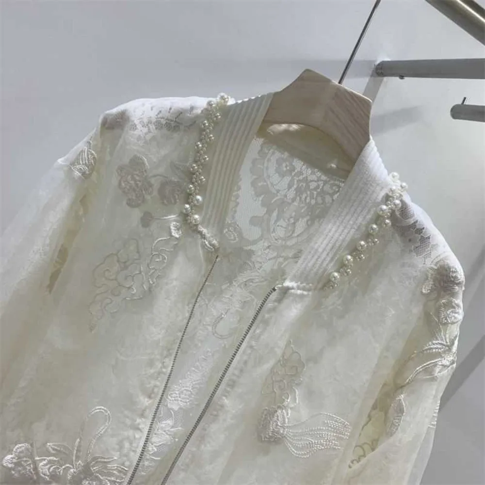 Fashion Beading Embroidered Sunscreen Jacket Round Neck Long Sleeve Baseball Outwear Casual Zipper Coat Tops Spring Summer