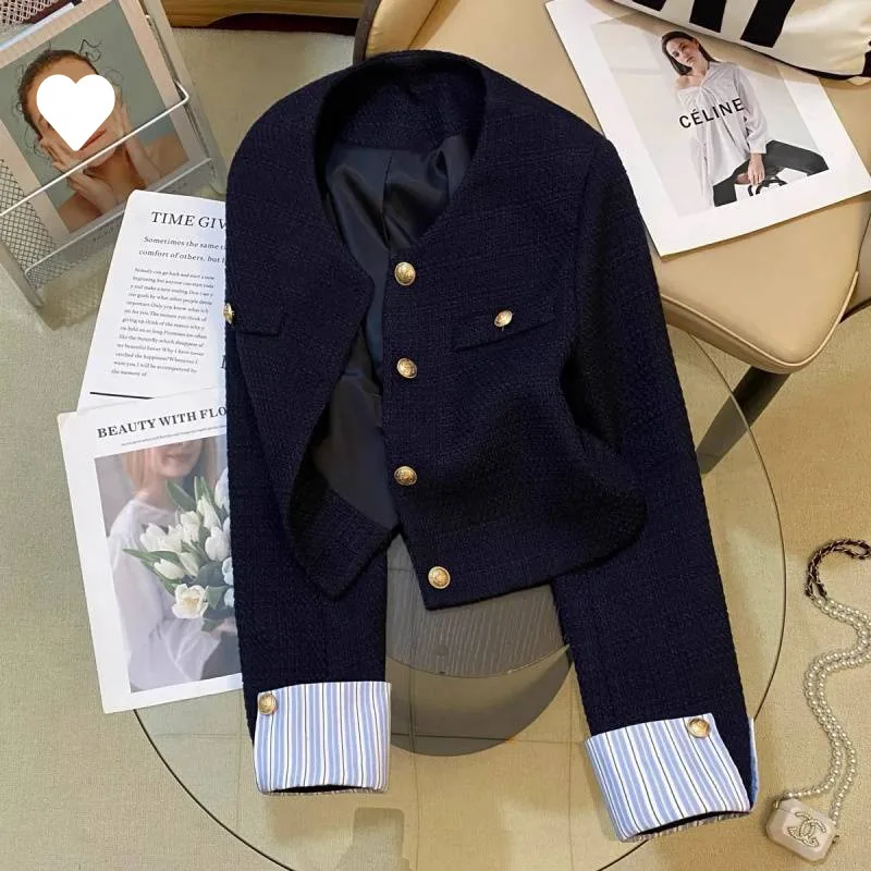 

Navy blue Xiaoxiangfeng blazer women's 2024 autumn new French fashion splicing design goddess fan top