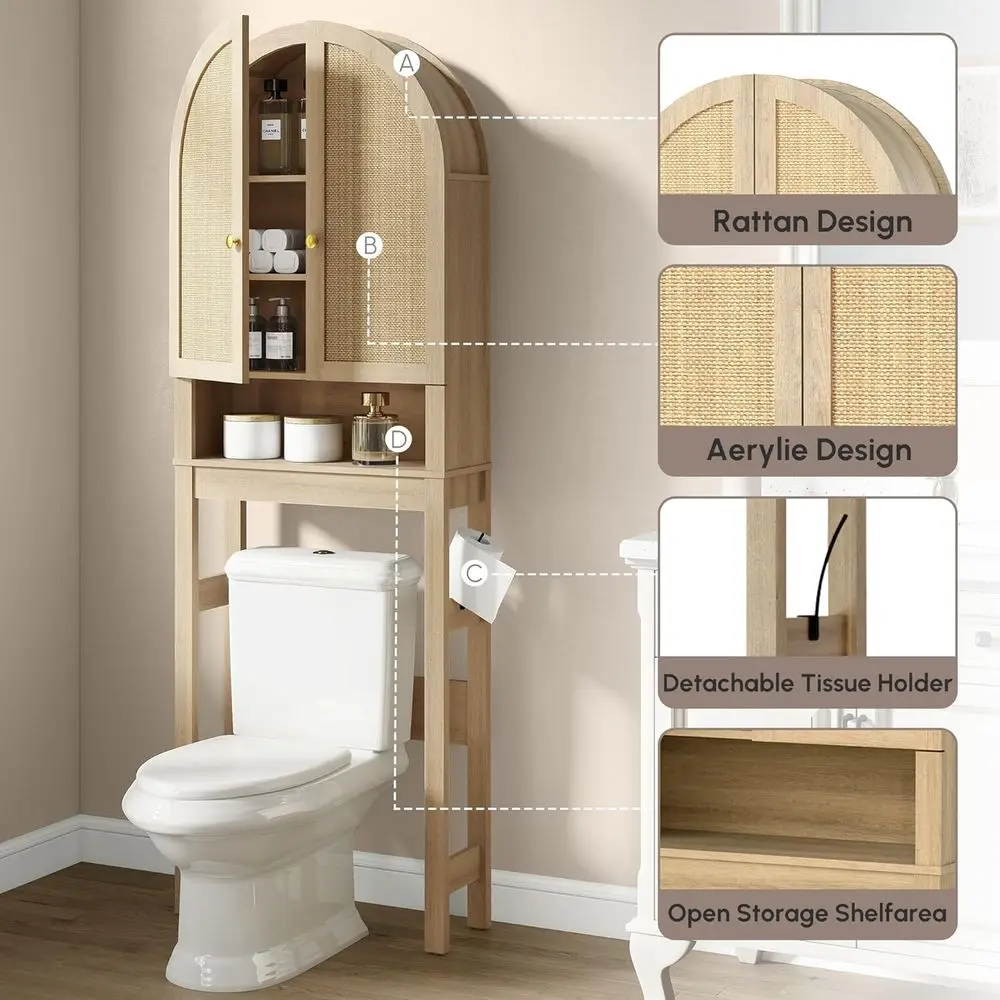 Modern Rattan Door Over Toilet Storage Cabinet with Adjustable Shelf, Arched Design for Space-Saving Bathroom Organization