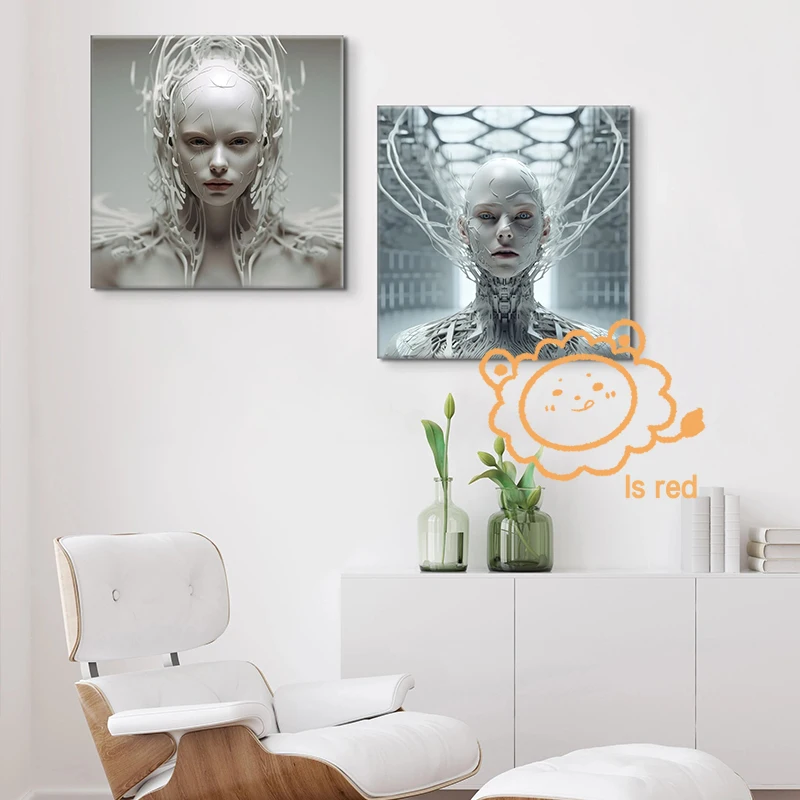 Androids Poster Pink Robot Girl Futuristic Blush Cyborg Midjourney Canvas printing wall decoration frameless painting For Home