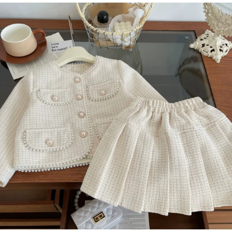 Spring and Autumn New Korean Style Girls' Fashion Temperament Small Fragrant Style Girls' Set, Two piece Folding Skirt Set