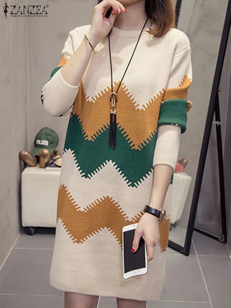 Women Knitted Knee Length Dress ZANZEA 2025 Autumn Long Sleeve Vestidos Elegant O-Neck Robe Colorblock Wavy Printing Sundress