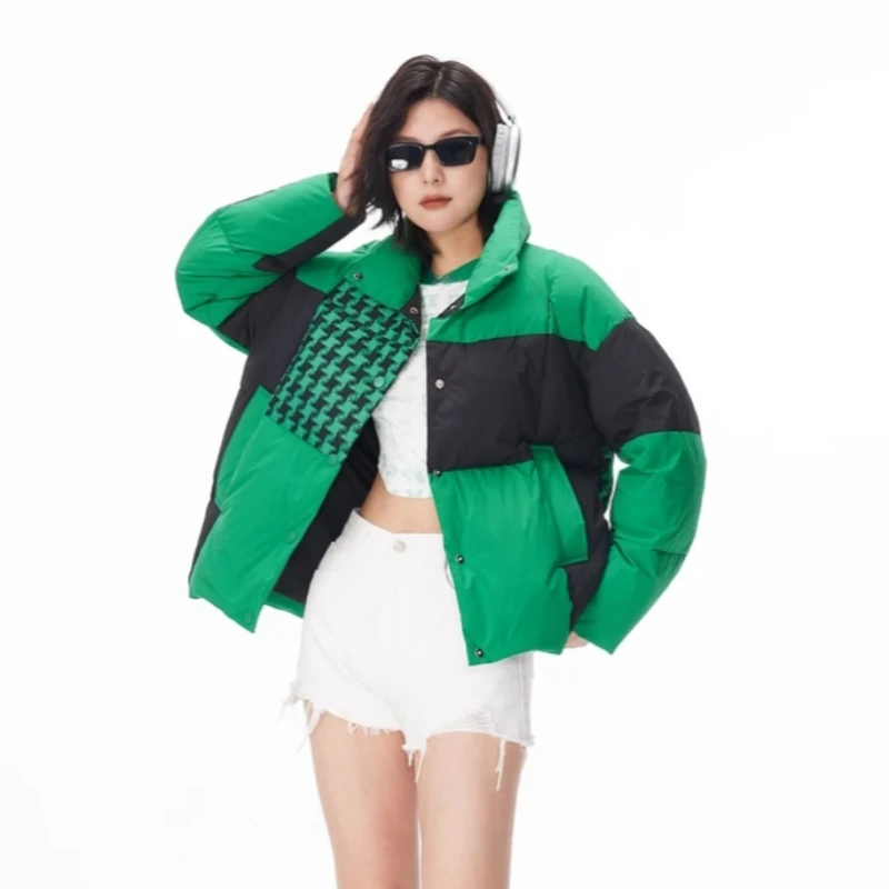 Women's Winter Jacket Short Down Coats Color Clash Patchwork Plaid Trend Outerwears Stand-up Collar Thick Warm Snow Down Jackets