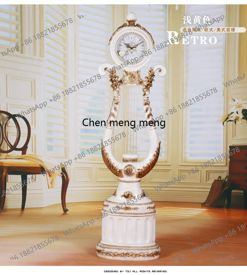 European harp shape retro style hotel lobby clock resin pendulum clock living room floor clock