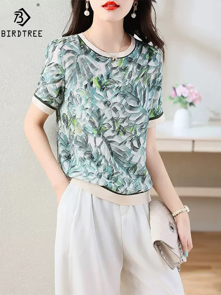 

Birdtree, 100%Natural Silk Woman Short Sleeve T-Shirt, Printing ONeck Loose Tees, Elegant Mom Summer Autumn 2024 Top T46564QM