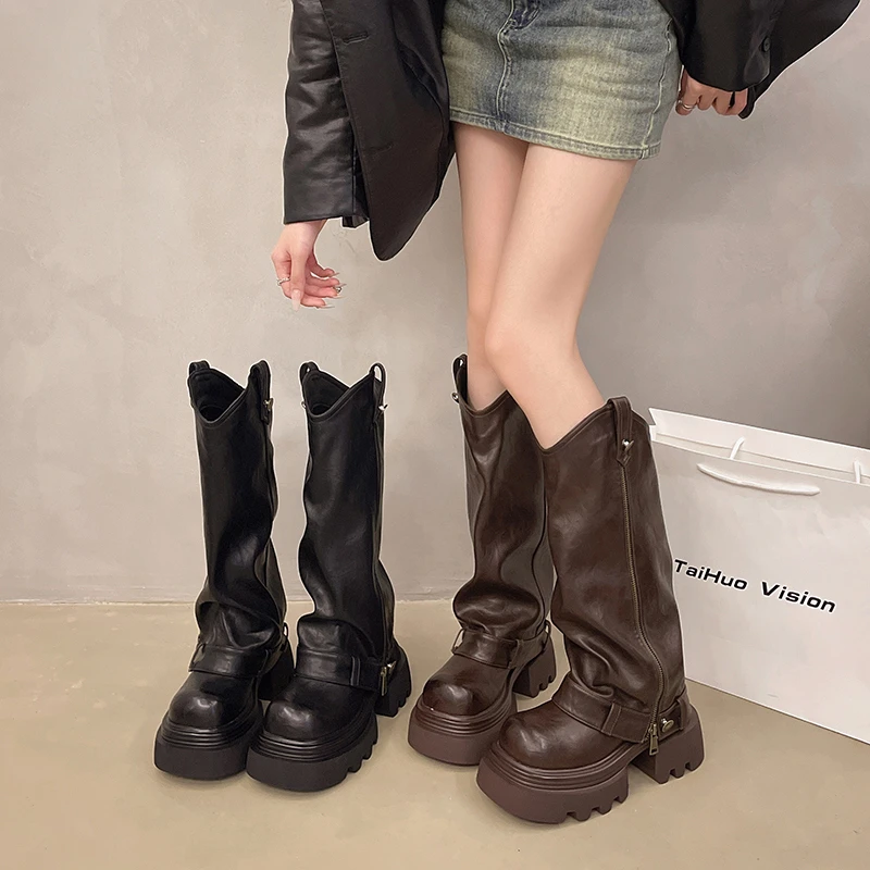 Designer Vintage Women Knee High Boots Fashion Slip On Knight Long Booties Ladies Casaul Platform Heels Botas Mujer