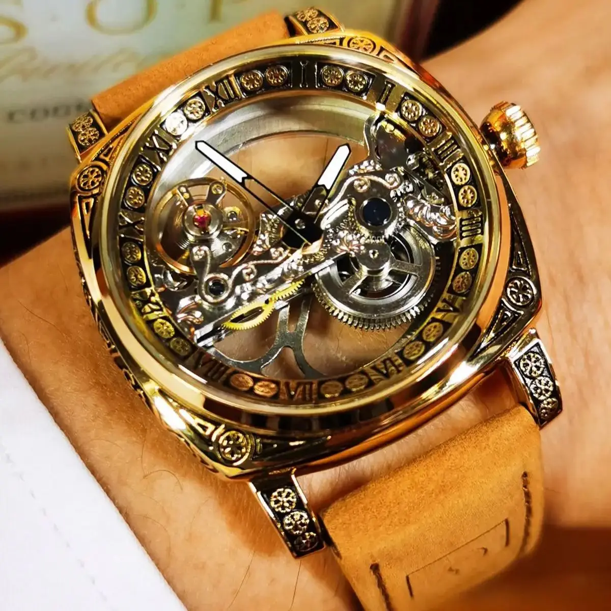 Forsining Vintage Square Skeleton Automatic Mechanical Watch for Men Engraved Case Steel Leather Strap Business Mens Watches