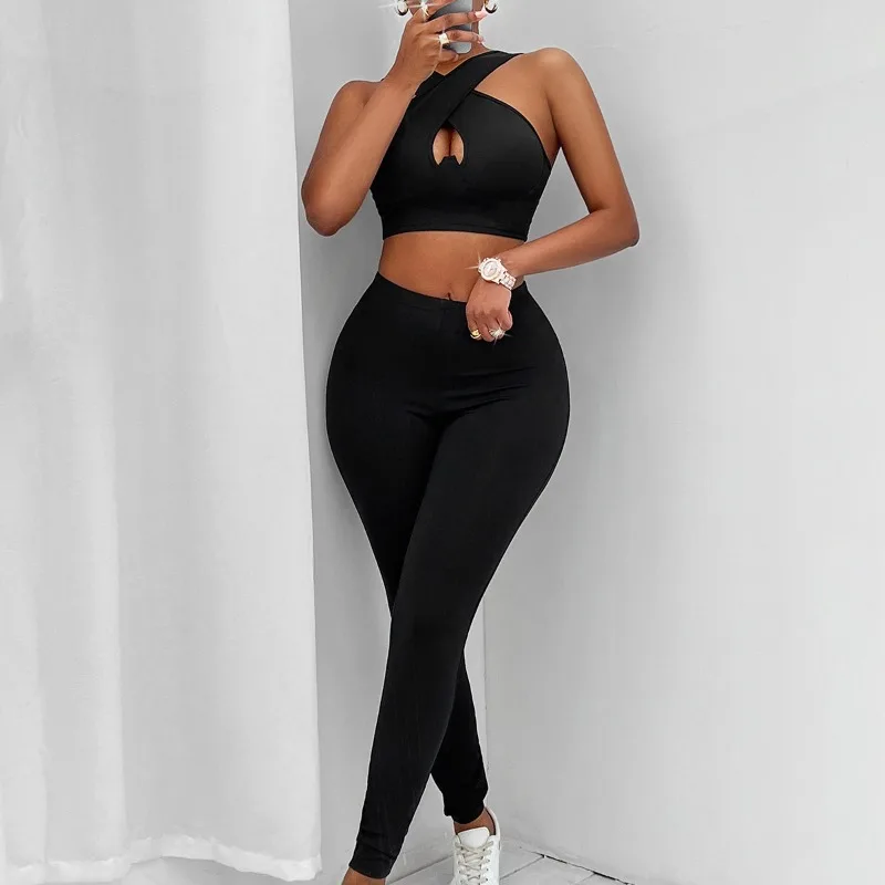 2024 Summer New women's Casual Solid Sports Cross Collar Off Waist Top & Pants Set moda femminile Slim Sporty Pants Sets