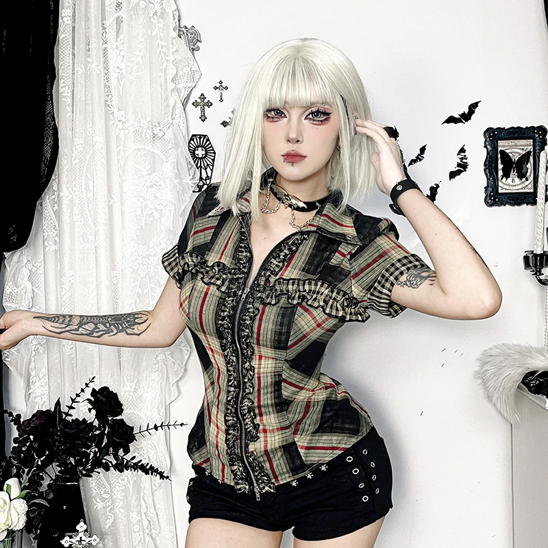 Lilac XN Y2K Vintage Plaid Ruffle Short Sleeve Slim Shirts Blouse Fashion Zipper Lace-up Corset Tops Women Summer Streetwear