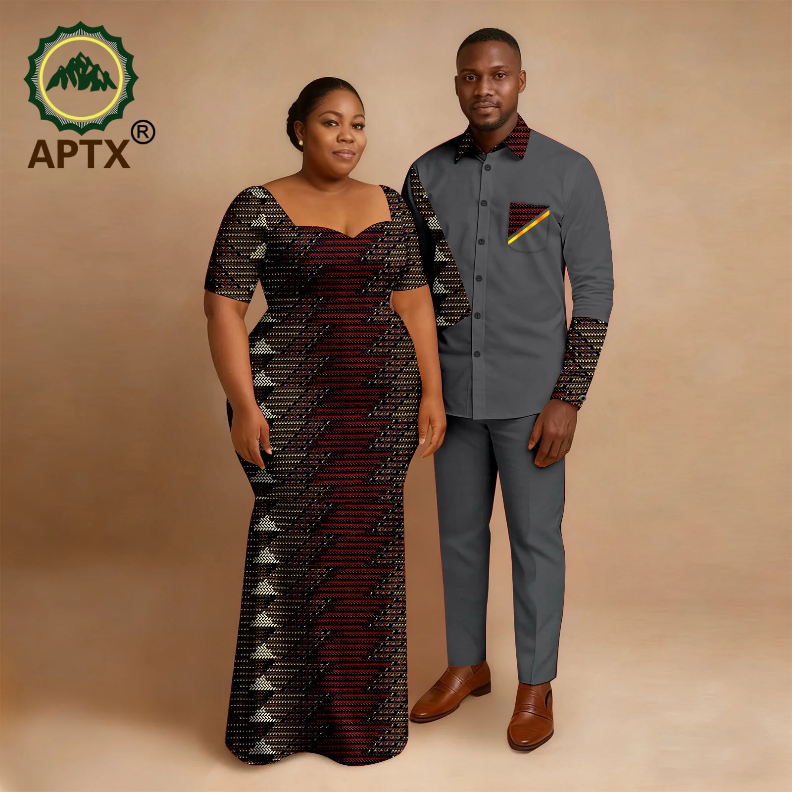 

African Couple Suits Men's Agbada And Women's Dress Set Muslim Gilded Lace Matching Robe for Wedding Evening Daily Wear 25C095