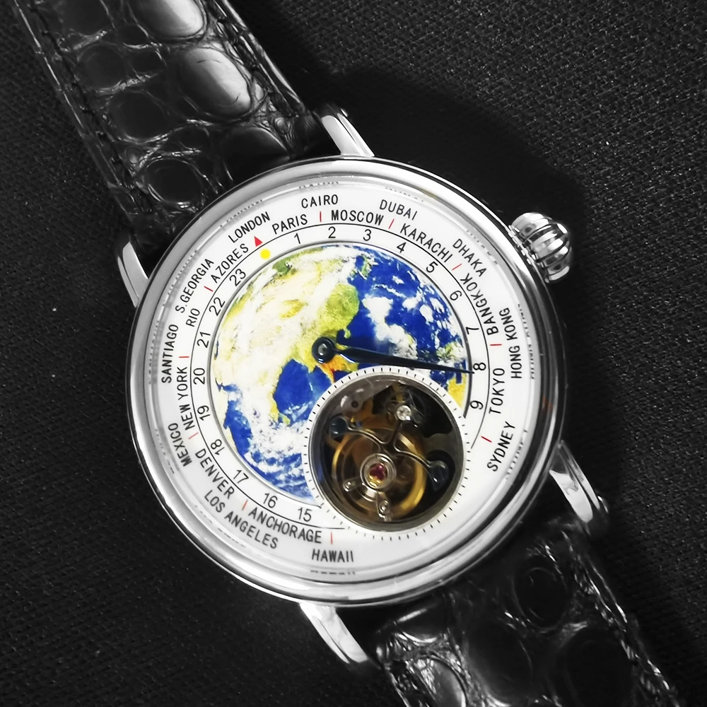 Men\'s Globe Earth Tourbillon Mechanical Watches ST8000 Movement 3D Enamel Dial Sapphire 1963 Men Watch Alligator Leather