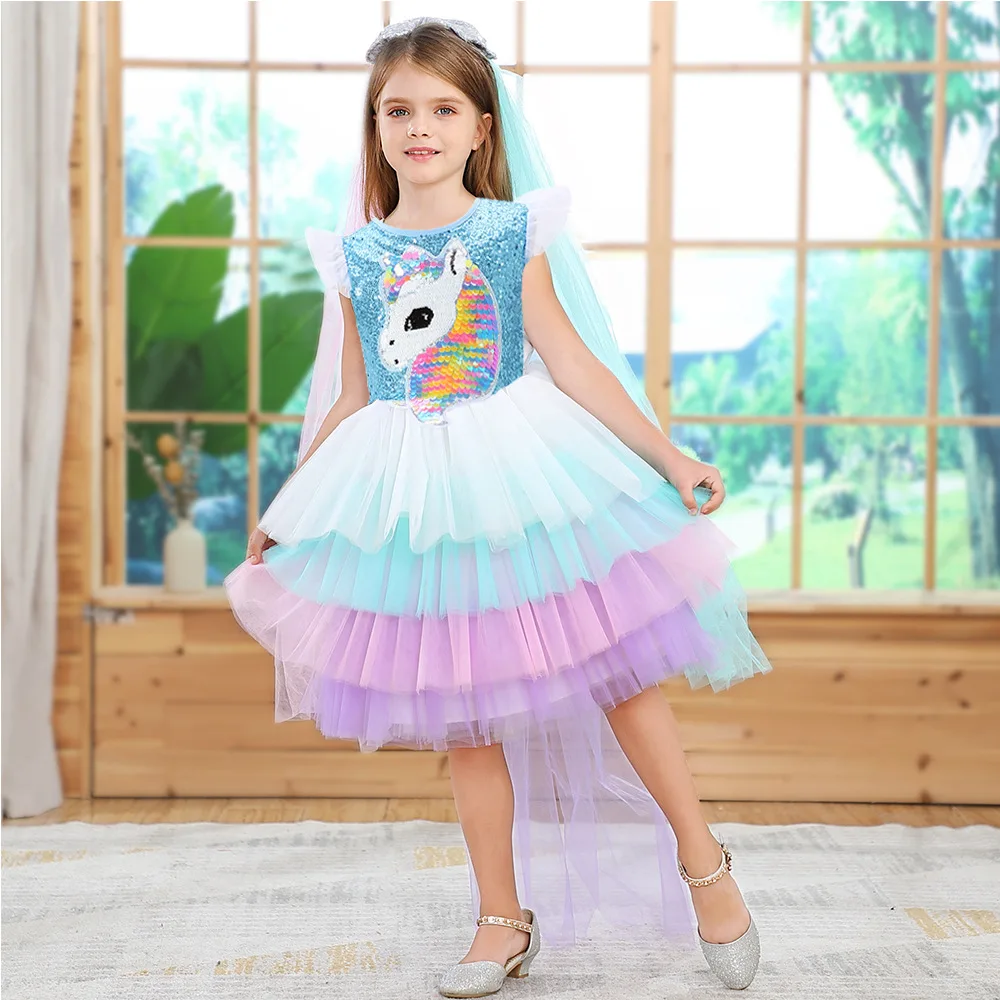 Rainbow Unicorn Gauze Ballet Pompadour Dress Girl Princess Dress Halloween Costume Size 100-150