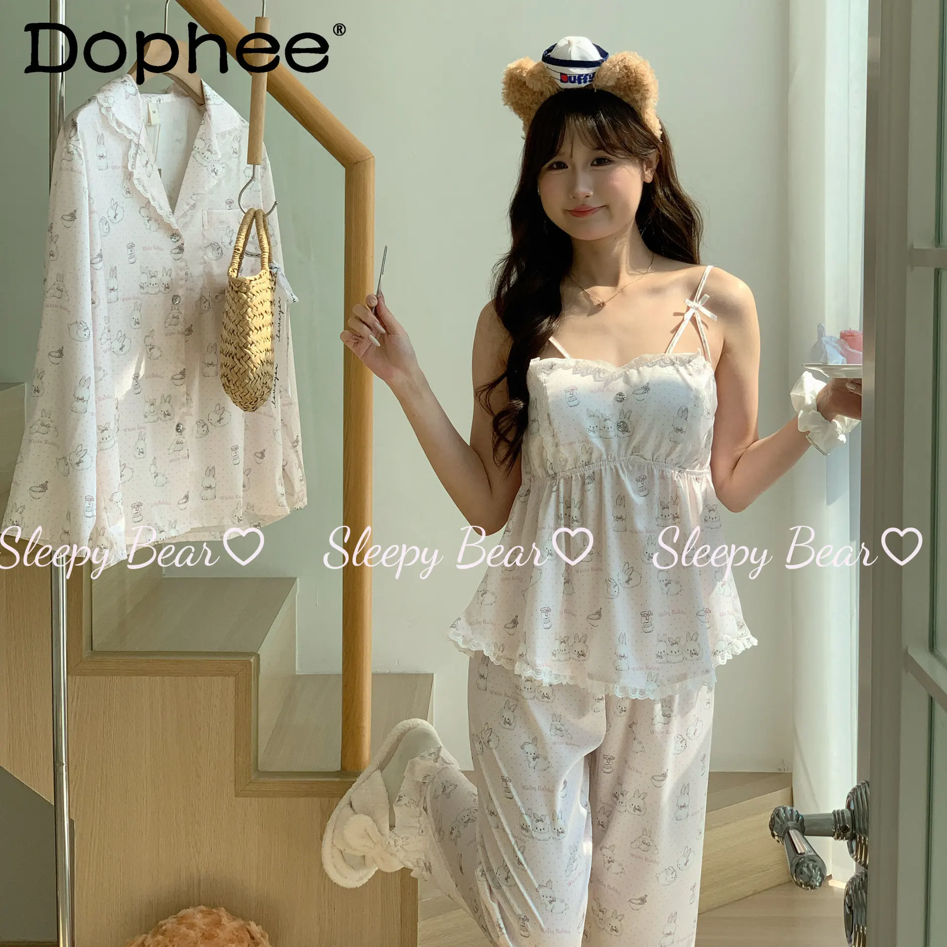 

Японские милые милые пижамы из ледяного шелка с длинными рукавами и отложным воротником, мягкие удобные носимые брюки, домашняя одежда для женщин