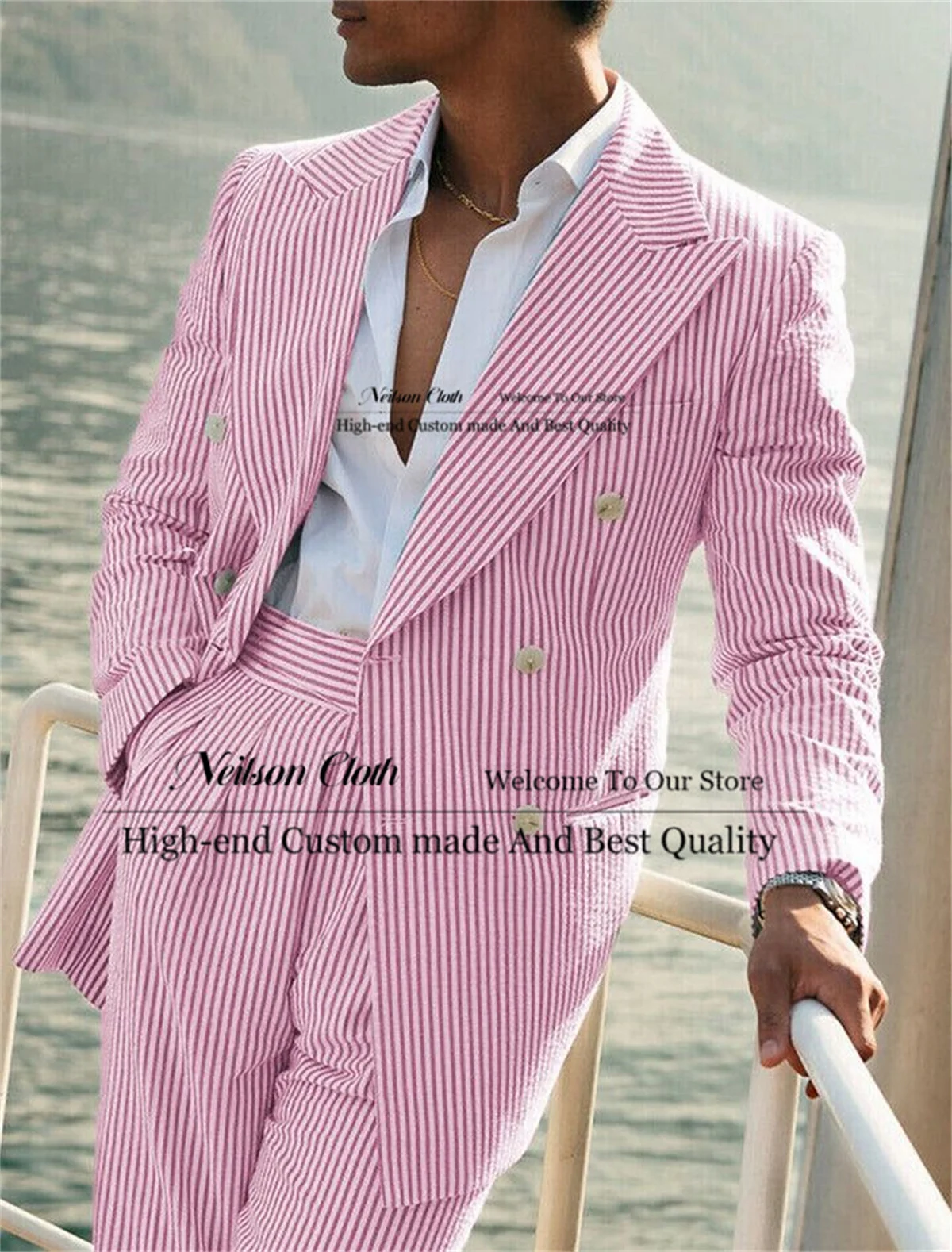 

Pink Stripe Male Prom Blazers 2 Pieces Sets Double Breasted Groom Wedding Tuxedos Slim Fit Peaked Lapel Business Terno Masculino