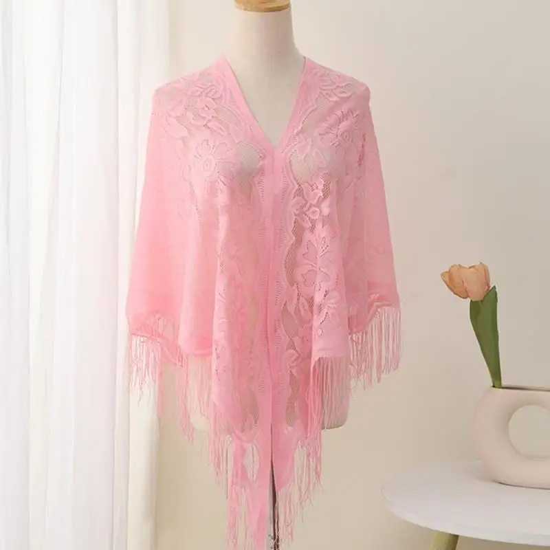 

B95F French Styles Lace Shawl with Tassels Triangle Wrap for Casual and Formal Event