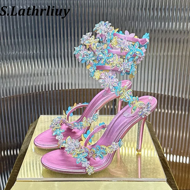 Summer Mixed Color Sparkling Crystal Flower High-Heel Sandals Women Snake Shaped Winding Gladiator Sandalias Banquet Dress Shoes