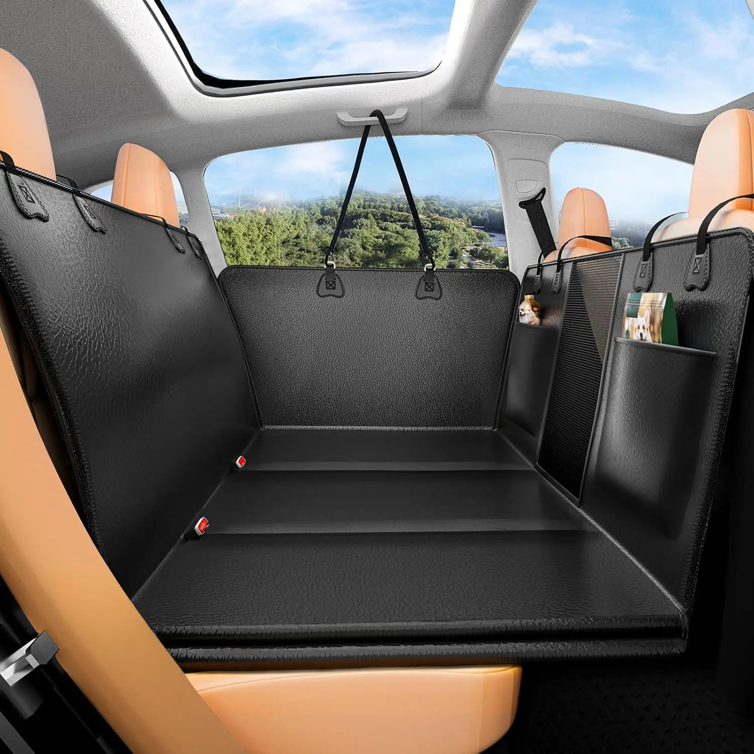 

Waterproof Dog Car Seat Cover with Hard Bottom, Non-Slip Hammock Design for Trucks & SUVs, Black Faux Leather