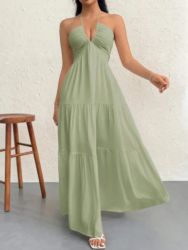 Thin Halter Back Tie V Neck Long Dress Textured Ruched Multi-Layer Figure-Hugging Dress