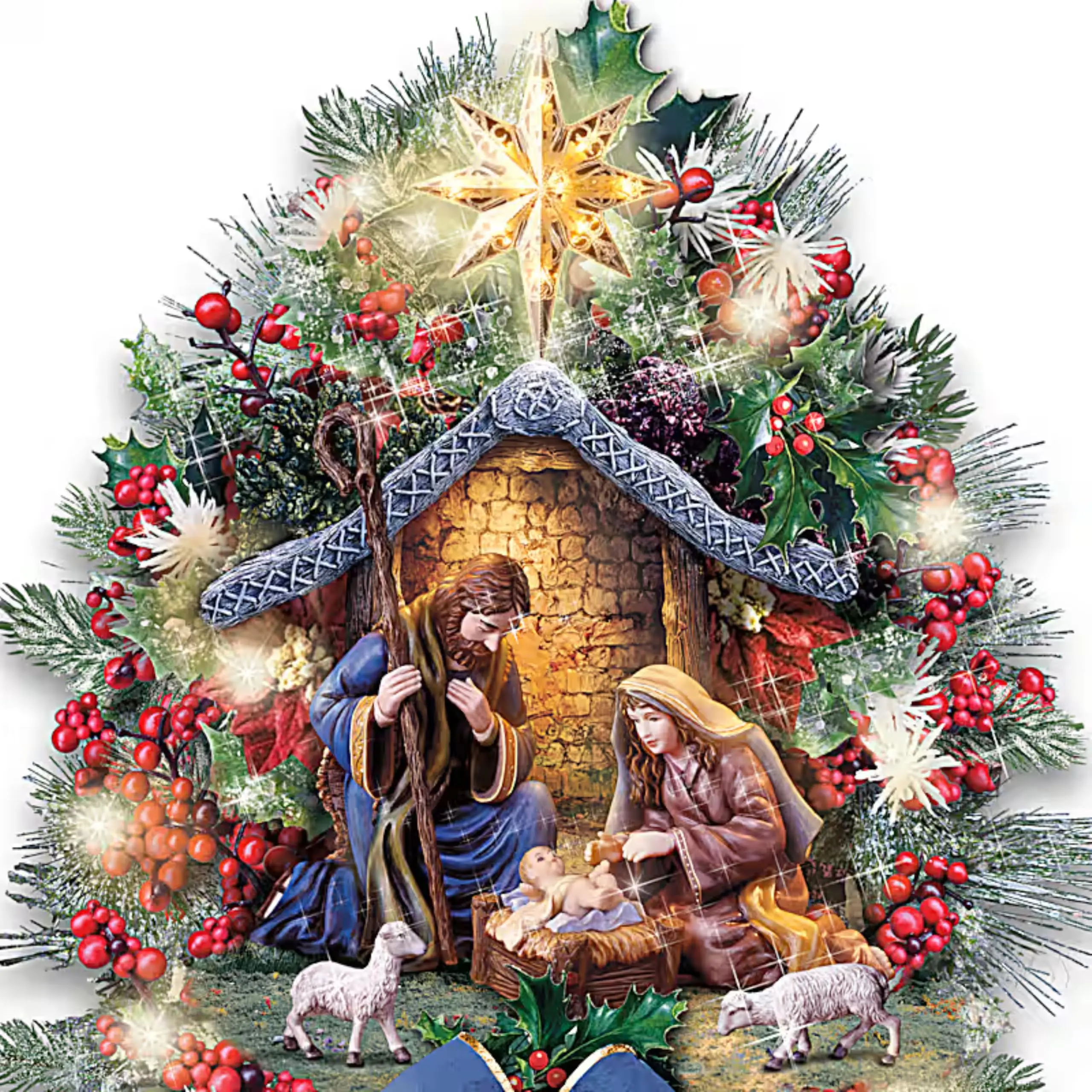 Thomas Kinkade Studios Illuminated Nativity Teardrop Christmas Wreath with Hand-Painted Holy Family Scene, LED Lights