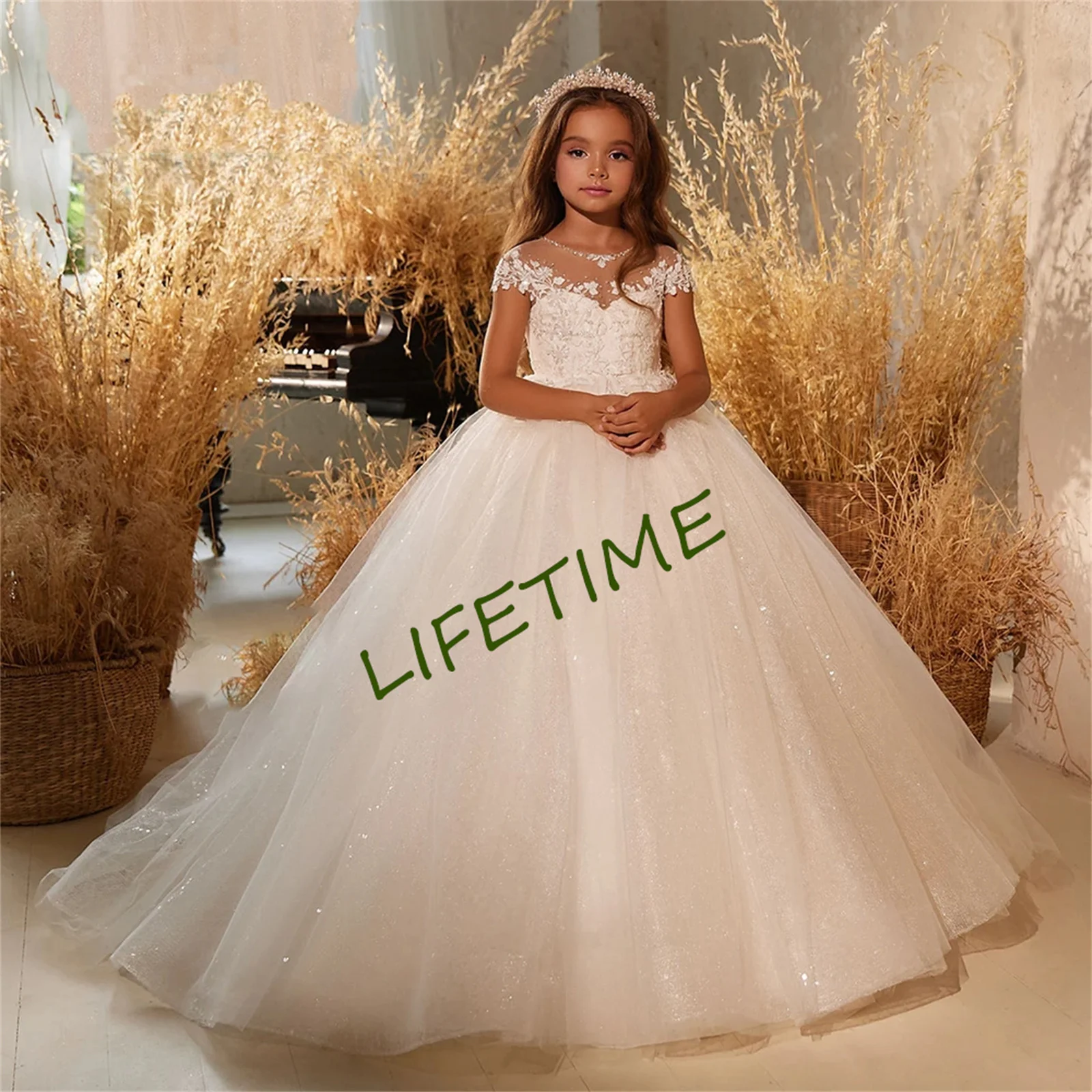 Lace Flower Girl Dress Puffy Ivory Wedding Party Dresses Cute Baby Girl Dress Princess Dress First Communion Gown