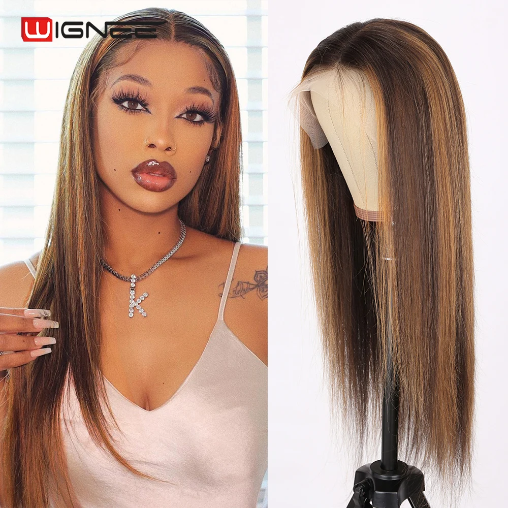 Long Straight Highlight Wig Human Hair 13x4 Ombre Honey Blonde Colored Lace Front Wig For Women 180 Density Transparent HD Lace