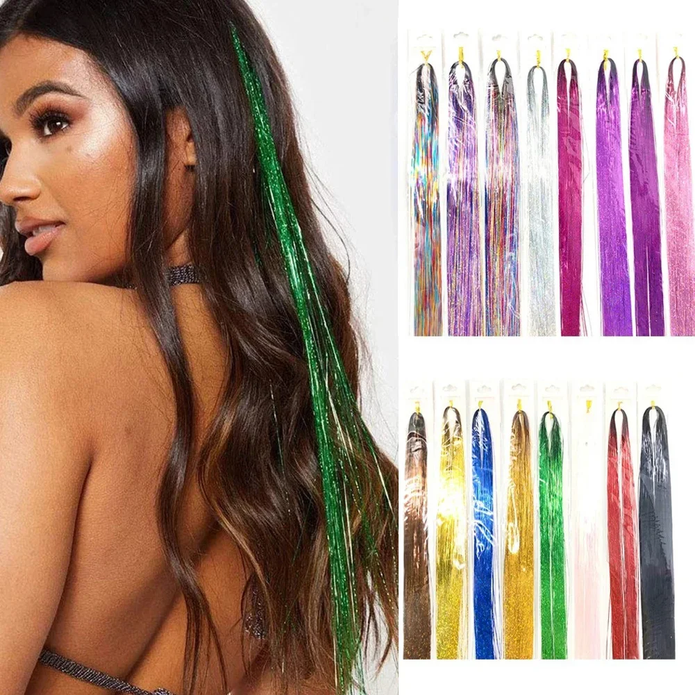 93cm Sparkle Hair Tinsel Rainbow Colored Strands Girls Headwear Hairbinge Hair Laser False Hair Extensions Decor Glitter Strips