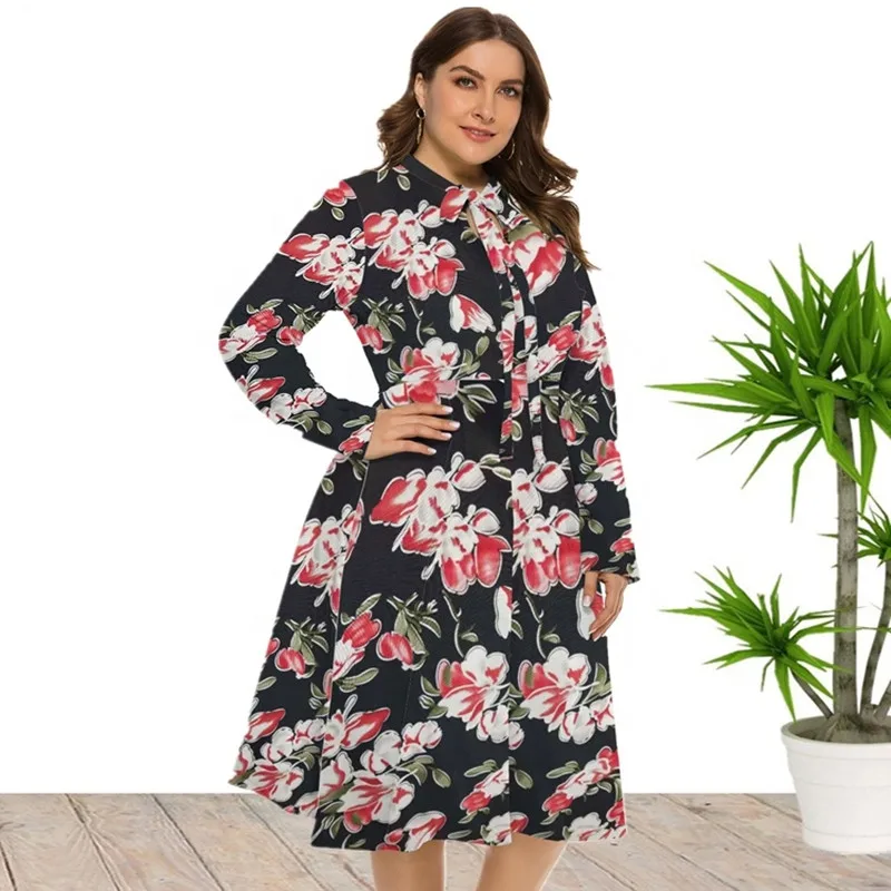 2022 New Arrival Floral Print Plus Size Long Sleeve Skirt Midi Dresses For Women