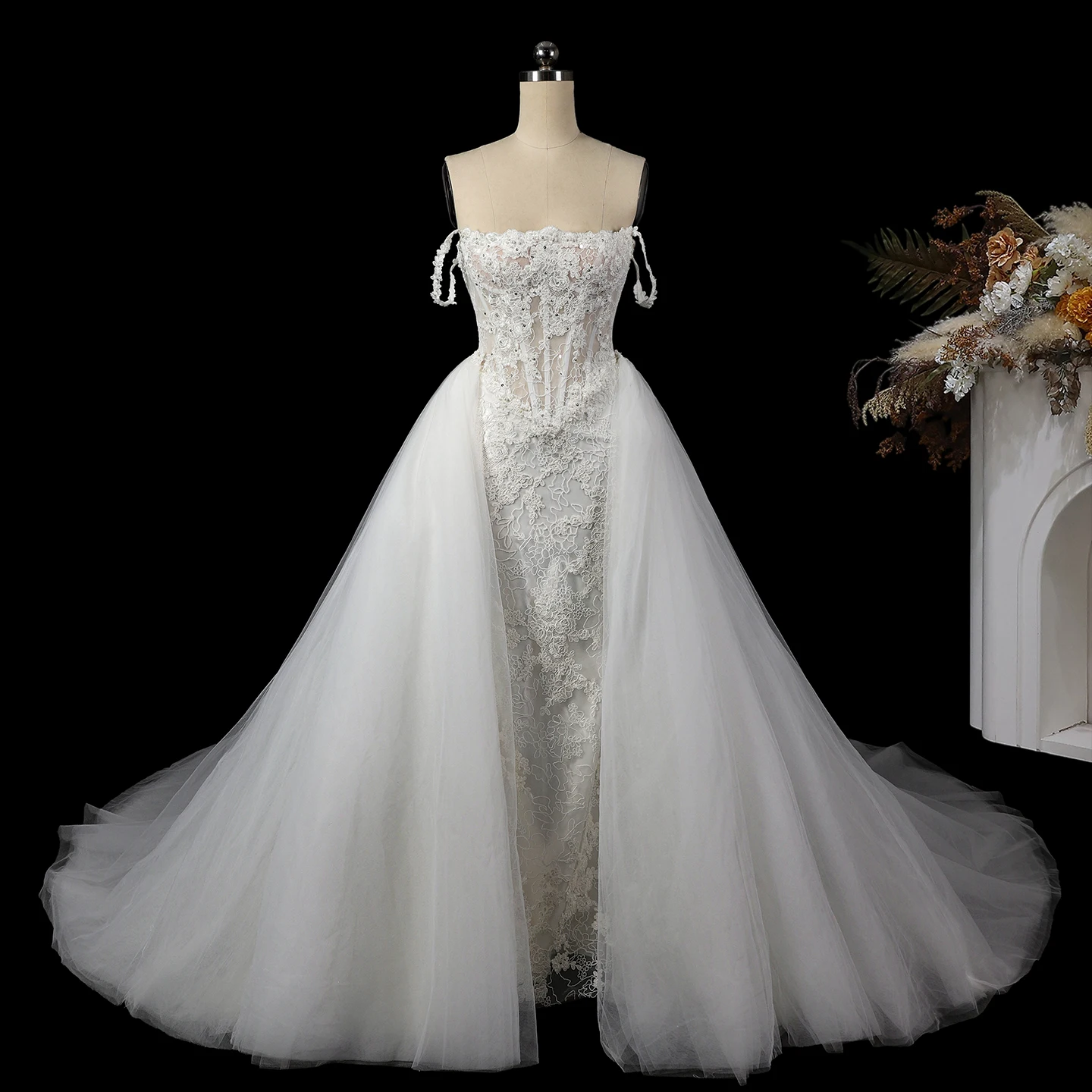 Sharon Said Elegant White Beaded Lace Mermaid Wedding Dress Off Shoulder Strapless Corset Bridal Gowns With Train SW758 Custom