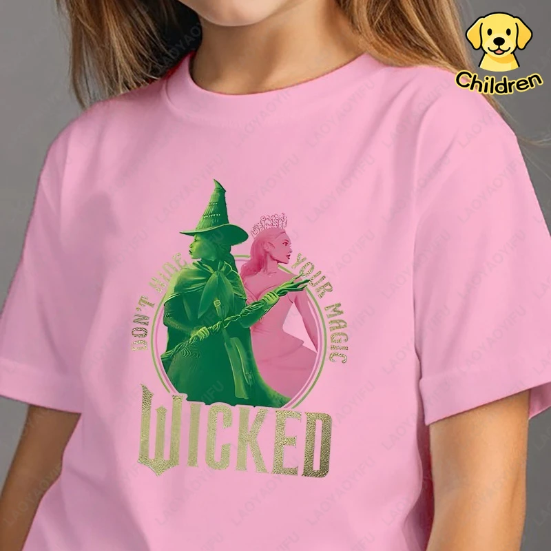 Girls' Soft Cotton Tee with Wicked Print Casual O-neck Short Sleeve Tops Trendy Anime Movie Green & White Graphic Girls Shirts