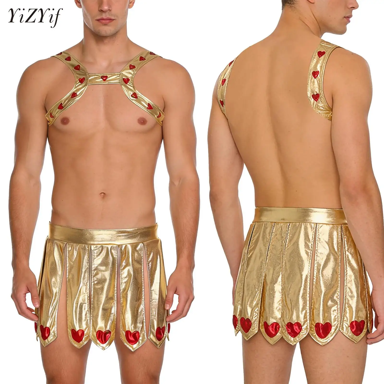 

Mens Halloween Mythology Ancient Greek Roman Knight Warrior Cosplay Costume Metallic Cupid Heart-embellished Chest Harness+Skirt