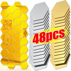 6/48Pcs Hexagonal Acrylic Mirror Wall Stickers Mirror Solid Paster Self-adhesive Gold Silver Decals Home Bedroom Art Decoration