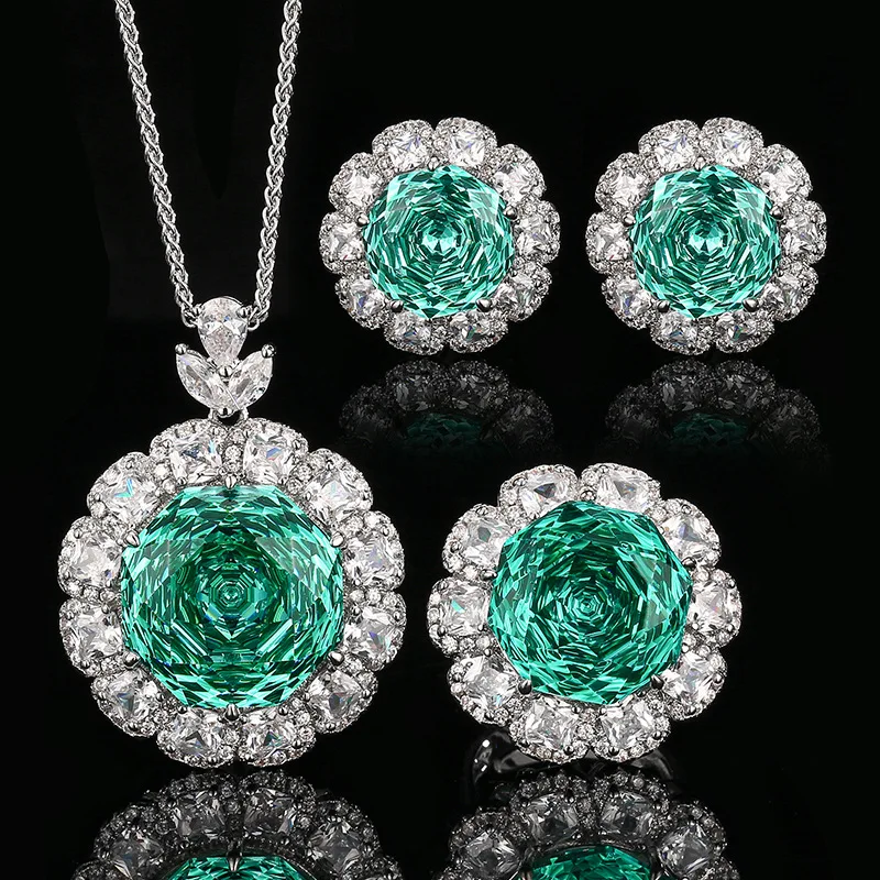 

Luxury Green Rose Cut Gemstone Jewelry Pendant Adjustable Ring Stud Earrings with Sparkling CZ Halo Perfect for Wedding Party
