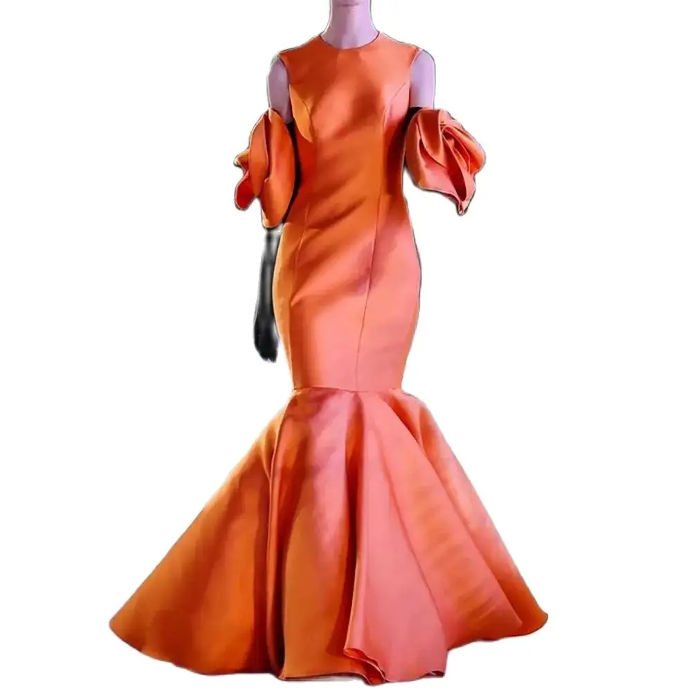 Elegant Women Orange Sleeveless O-Neck Evening Dresses Sweep Train Draped Floor Length Without Gloves Prom Dress Vestidos