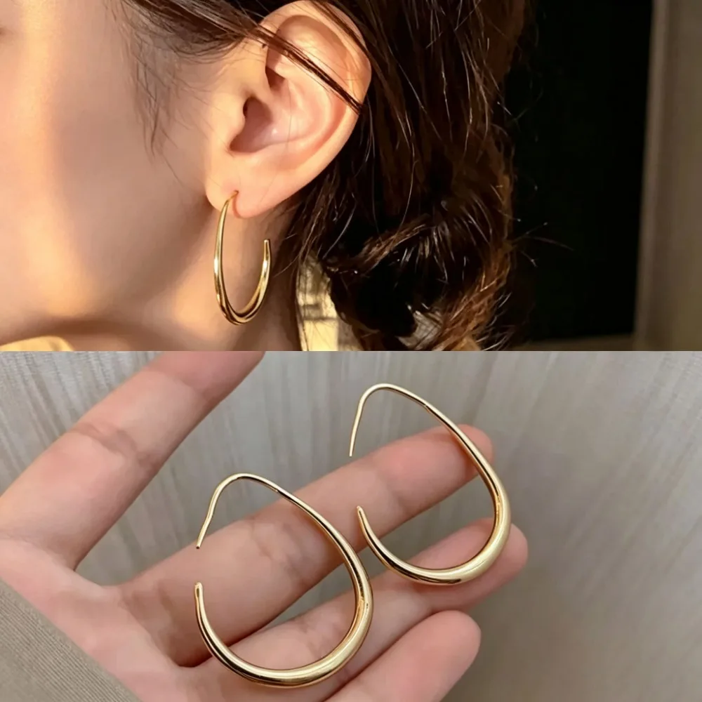 Women 18K Gold Plated Water Drop Hoop Earrings Glossy Minimalist Copper Vintage Elegant Daily Wear Present Gift